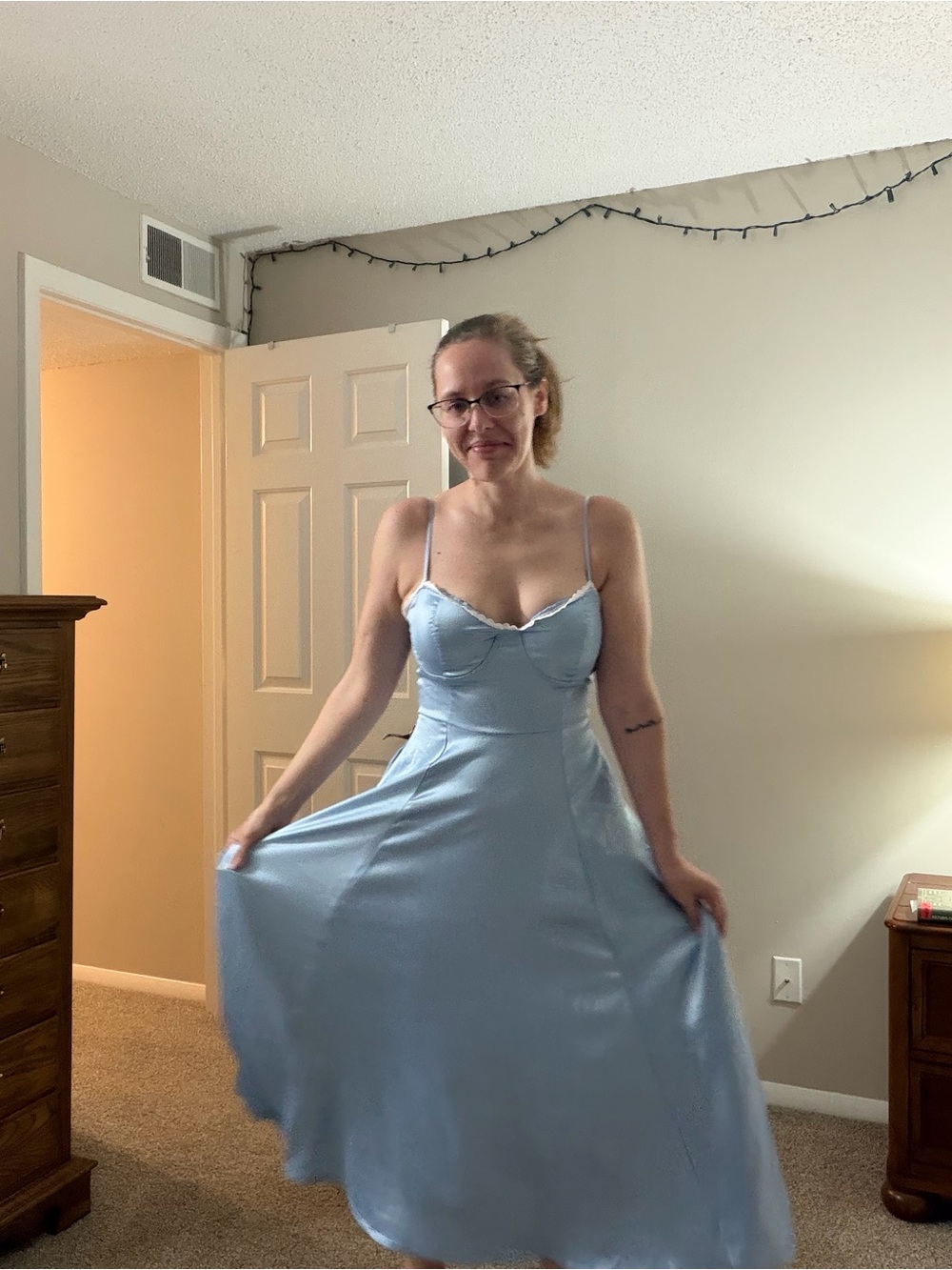 Light Blue Satin Lace Trim Bustier Skater Gown Tulle Underlay Ankle Length S